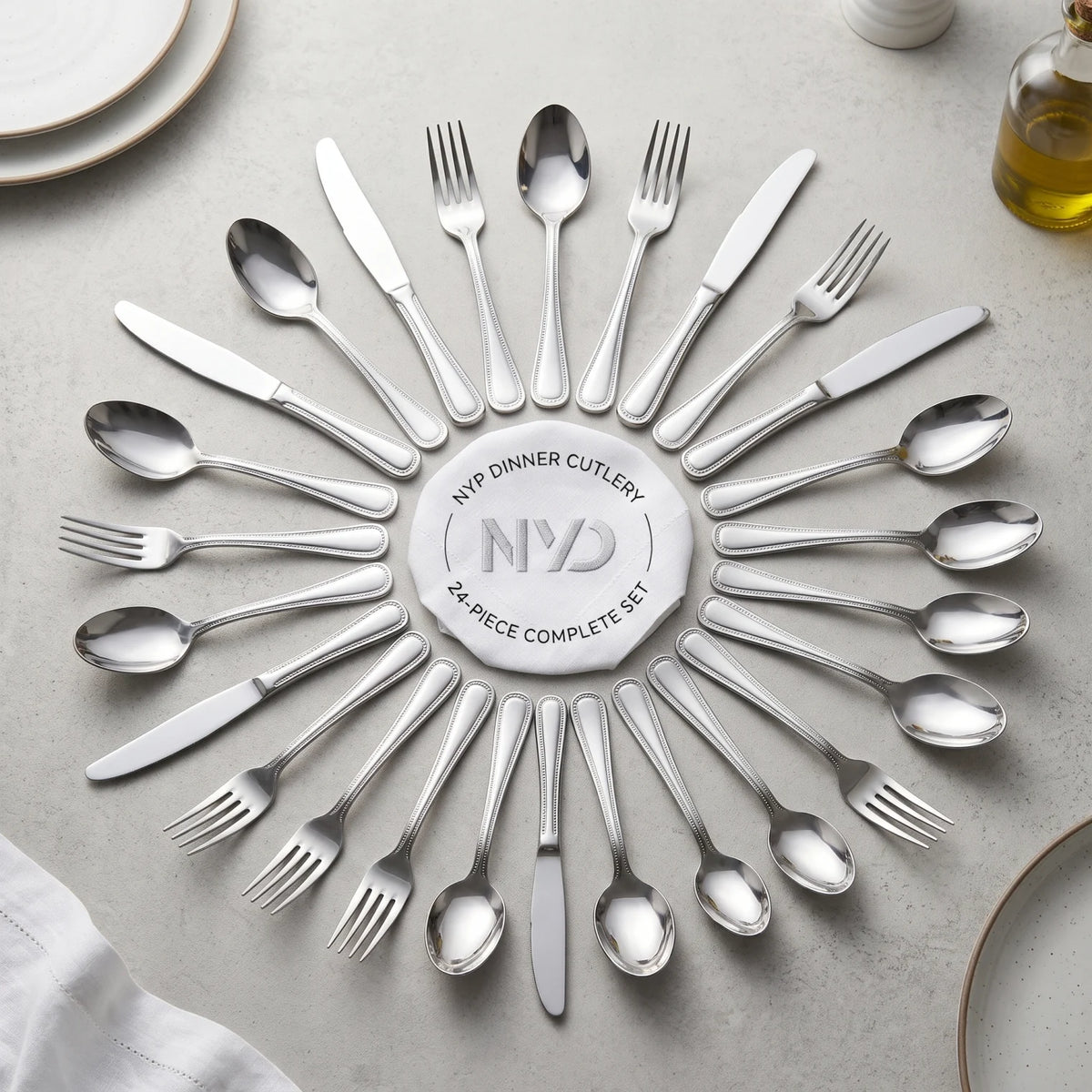 NYP DINNER CUTLERY 24-PIECE SET – Polished Stainless Steel Flatware with Dinner Knives, Forks, Dinner Spoons and Coffee Spoons