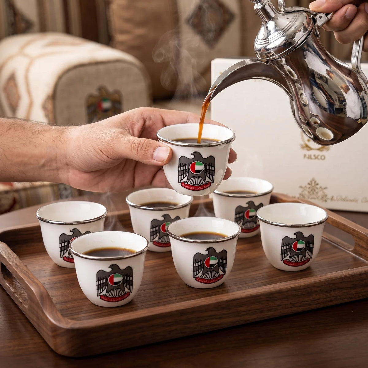 Pilsco 12 Pieces Arabic Coffee Cup Set – White Handleless Cups with Silver Rims and UAE Emblem in Presentation Box