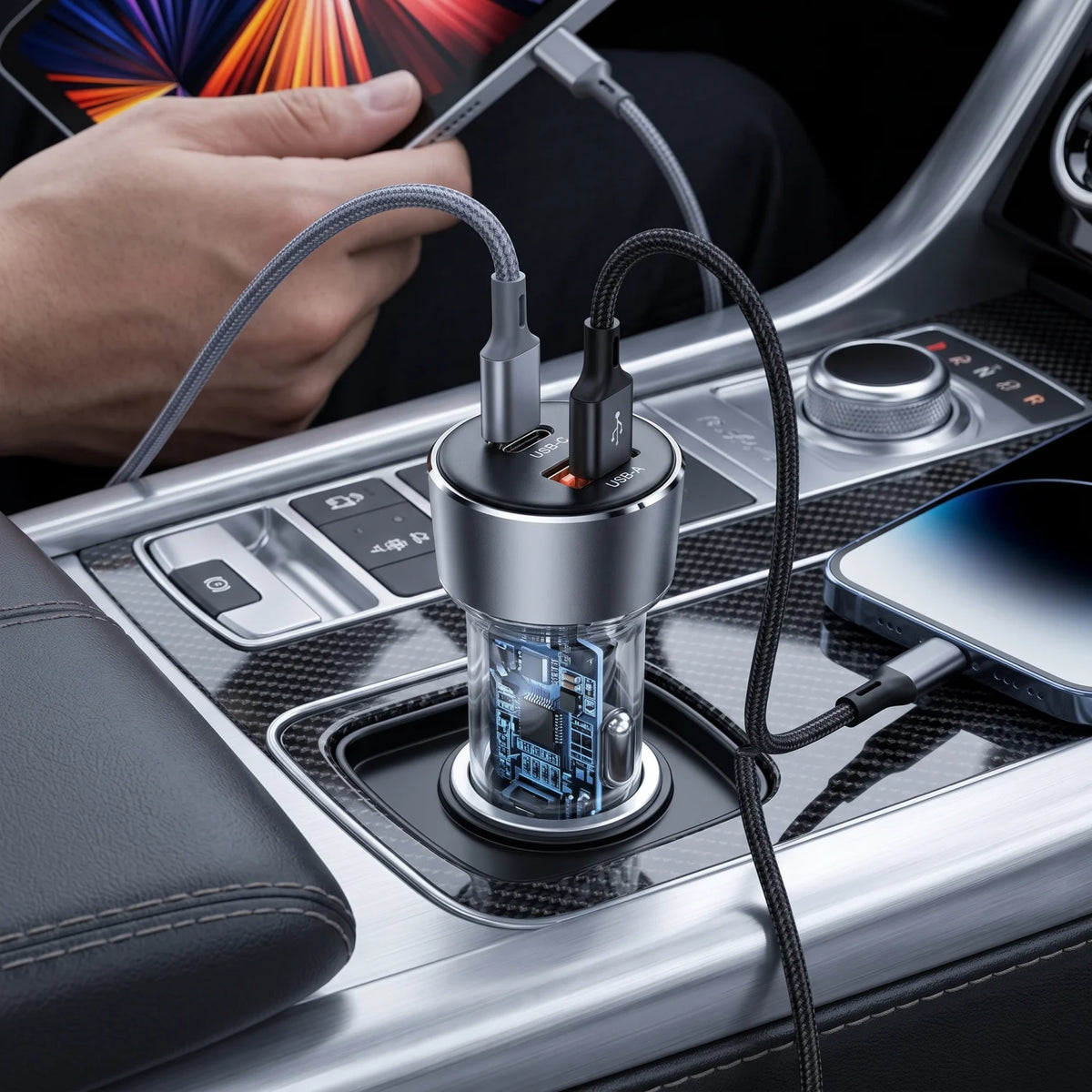 ACEFAST PWRup B12 60W Dual-Port In-Car Car Charger – USB-C + USB-A, 30W Each, Transparent Matte Body for Phones and Tablets