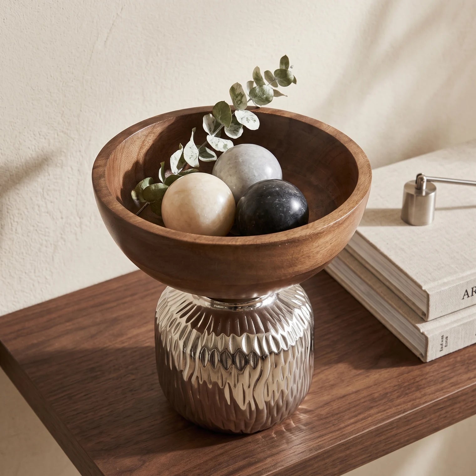 Decorative Bowl with Wooden Top and Metal Base – 22 cm Height, 20 cm Width x 20 cm Length | Pedestal-Style Home Display