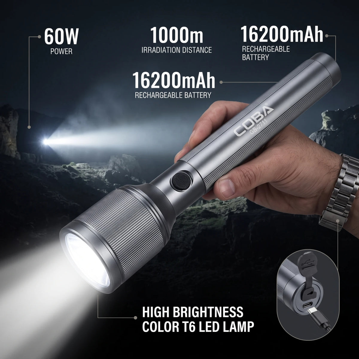 COBA FLASHLIGHT – Rechargeable LED Torch, 60W Power, 1000m Irradiation Distance, 16200mAh, Push-Button Control, 32cm Long