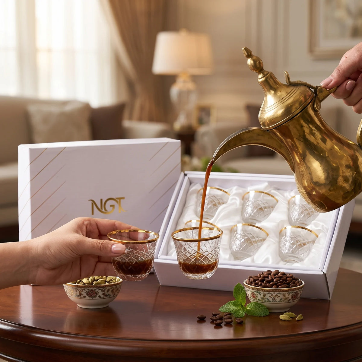 NGT 6 Pieces Glass Arabic Coffee Cups Set – Faceted Diamond Pattern, Gold-Colored Rim, Clear Glasses in Presentation Box