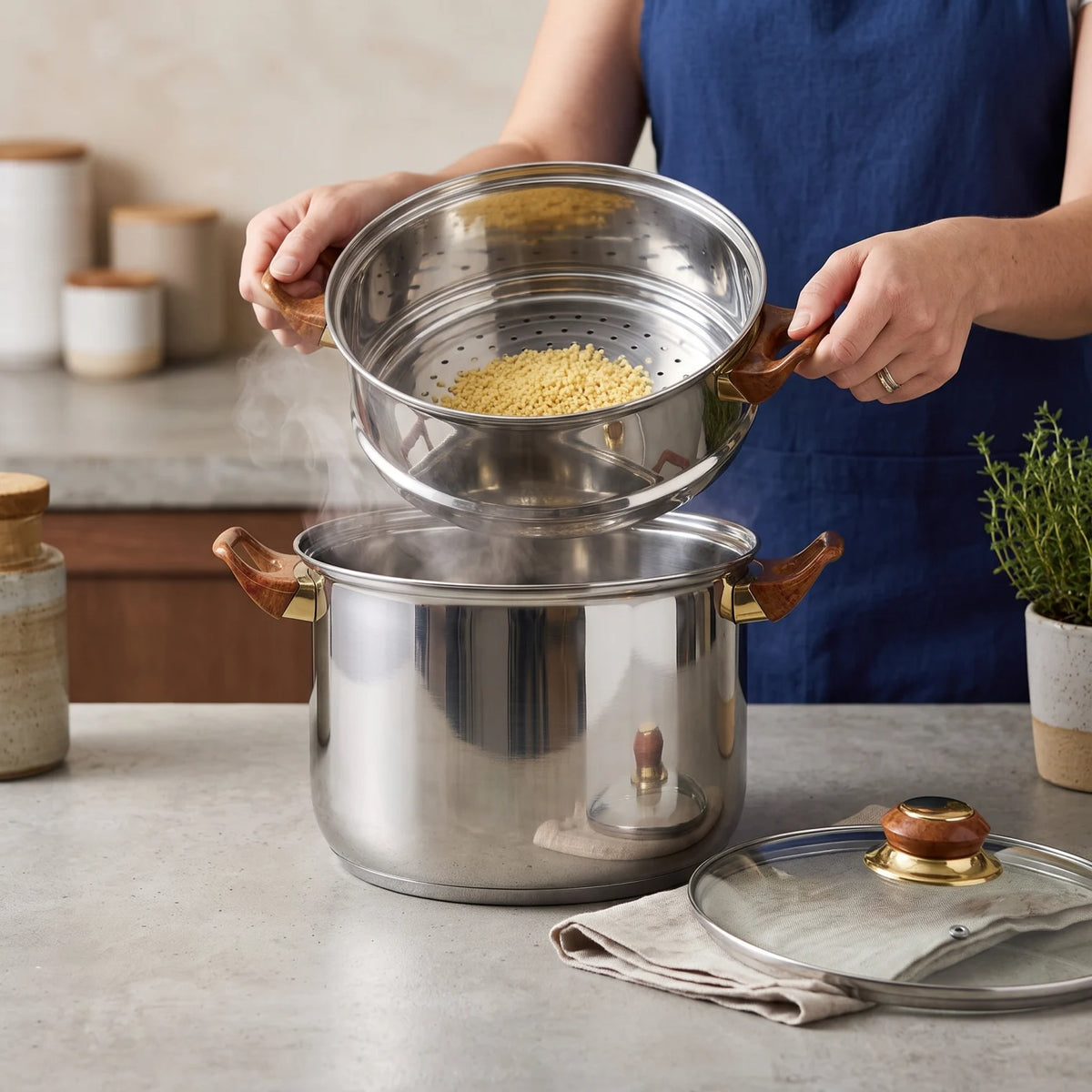 HTH 6 liters Steam Pot – Multi-Level Couscous Steamer with Glass Lid, Stacked Cooking Sections and Side Handles for Couscous Preparation