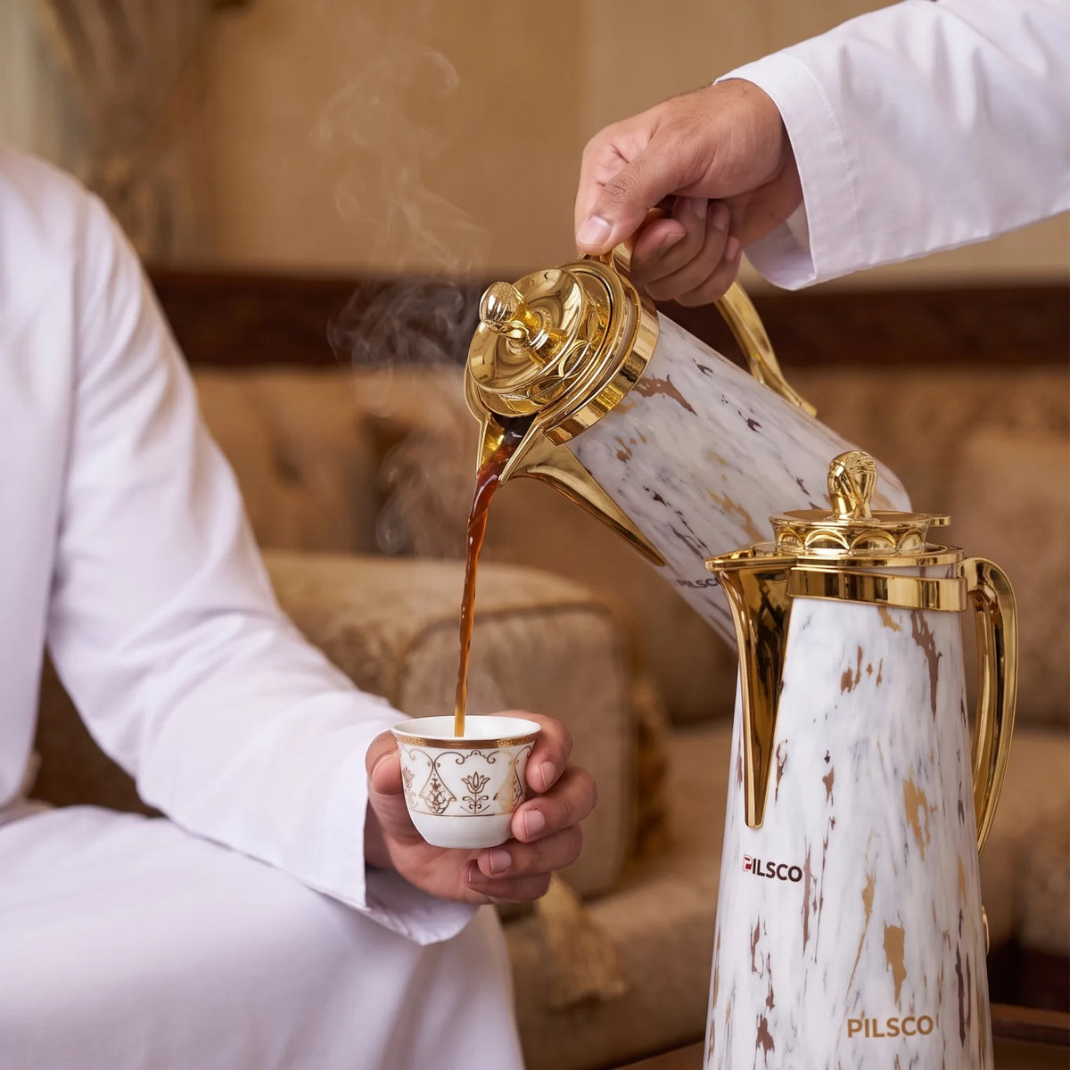Pilsco 2-Piece White Marble Gold Delux Vacuum Flask Set – 1L Each | Arabic Design | Stainless Steel | Leak-Proof Tea & Coffee Flasks