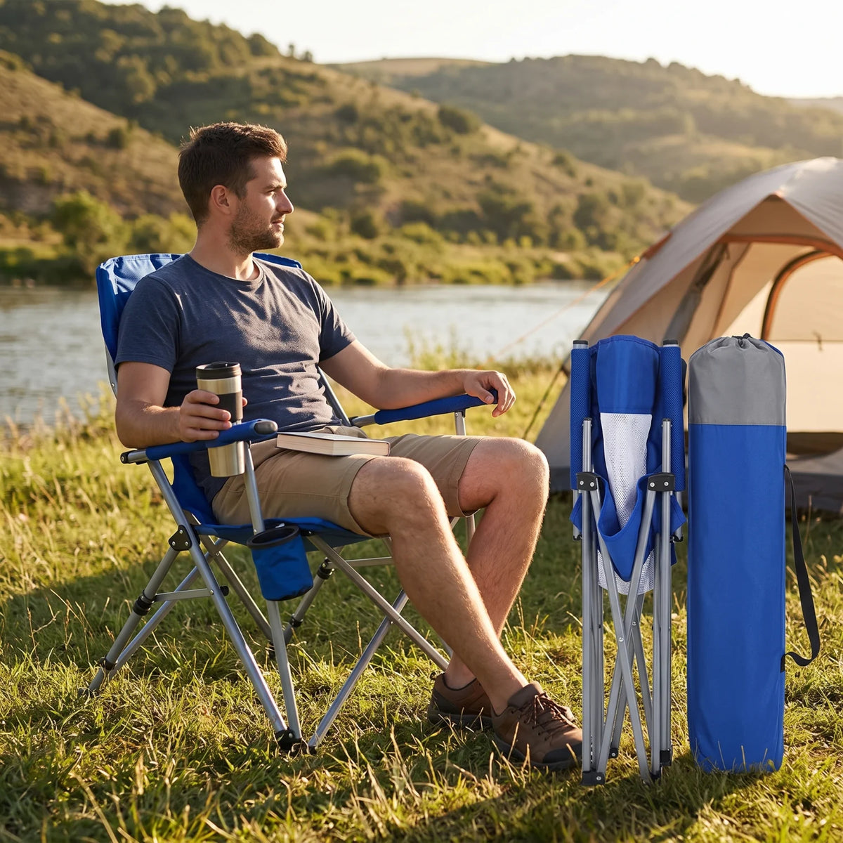 Portable Foldable Outdoor Camping Chair – 94 x 64 x 73 cm | Padded Armrests, Built-In Cup Holder | Folding Leisure Seat for Camping - Blue-White - Image 3