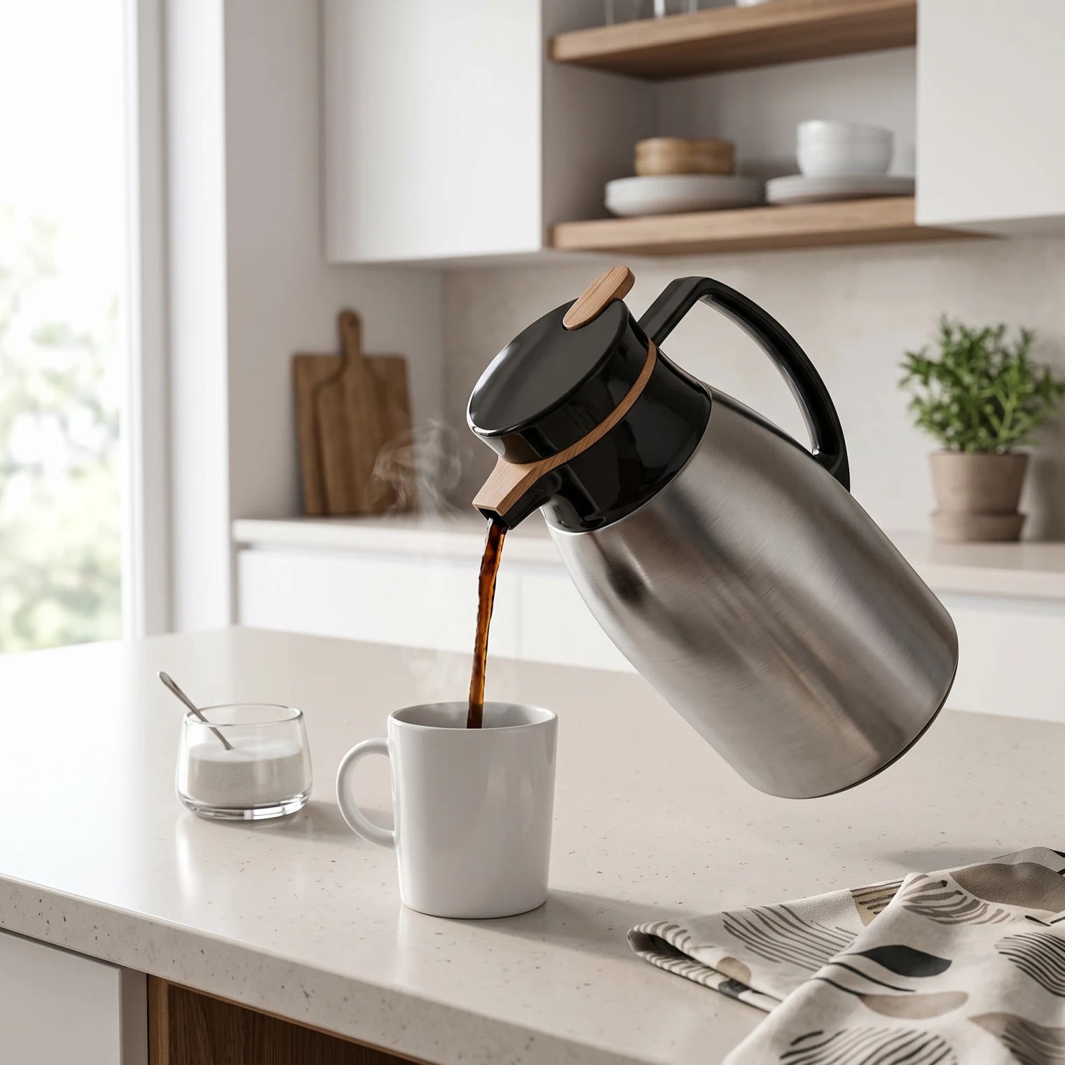 Regal Stainless Steel Vaccum Jug Flask – 1.6 Liters | Black Handle, Wood Grain Lid Accents | Hot and Cold Beverage Server