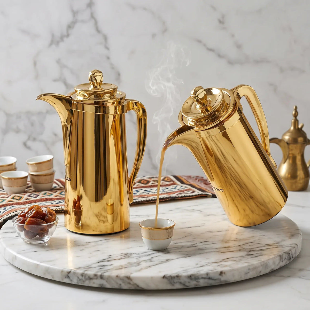 Pilsco 2-Piece Shinly Gold Delux vacuum flask set – Arabic Design | 1.0 + 1.0 Liters | Stainless Steel | Leak Proof