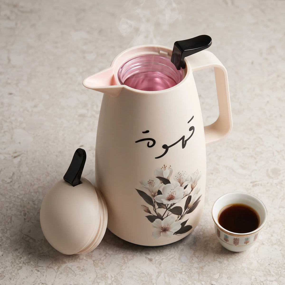 Crystal House cream-colored vaccum flask, 1 Liter | Floral Blossom Design | Qahwa Calligraphy | Plastic Body | Leak Proof