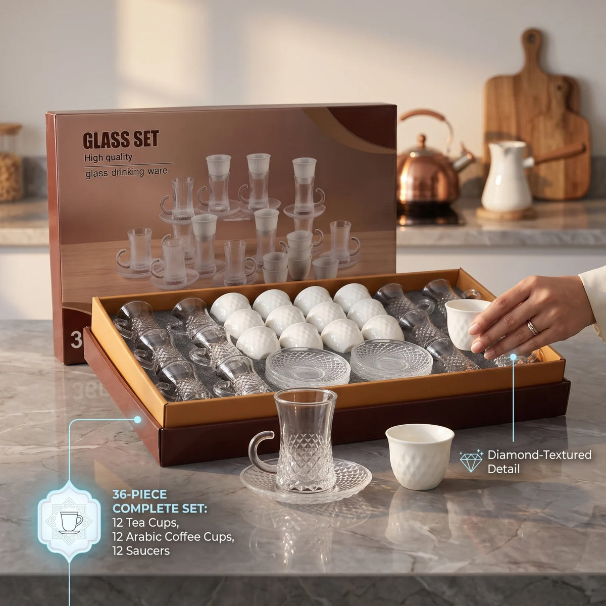 36-Piece Cups and Saucers Set – 12 Clear Glass Tea Cups, 12 Fine Porcelain Arabic Coffee Cups & 12 Textured Glass Saucers