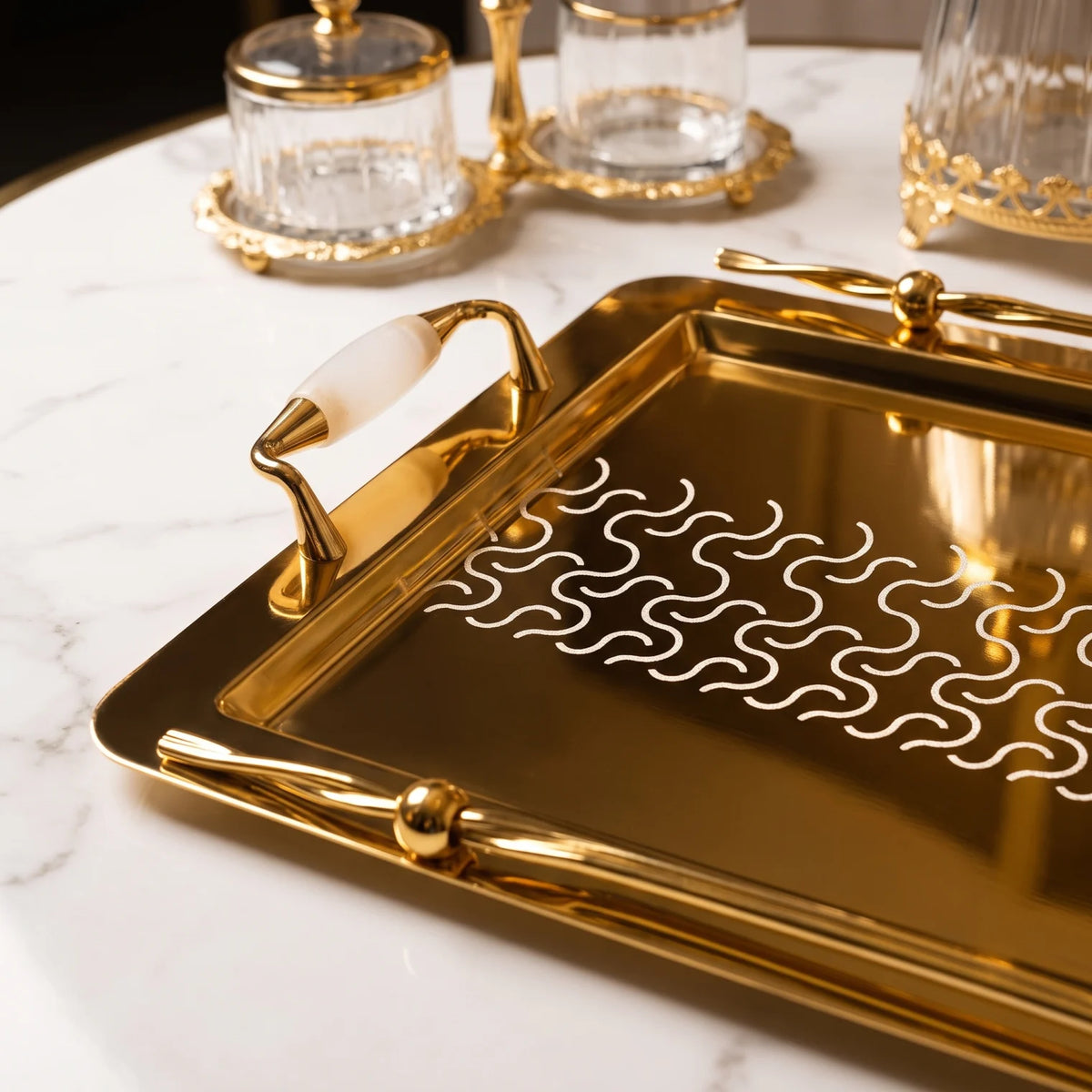 Ansa Luxury Metal Serving Tray – 47 x 32 x 14cm | Geometric Pattern, Raised Rim and Side Handles | Multiple Colour Options - Gold - White - Image 3
