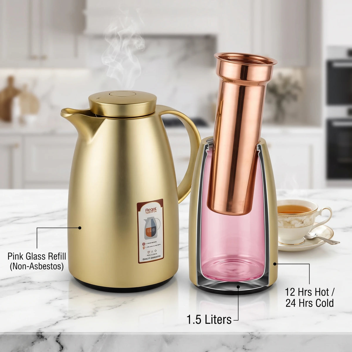 Regal Stainless Steel Vacuum Flask 1.5 Liters – Leak Proof | 12 Hours Hot, 24 Hours Cold | Pink Glass Refill for Tea and Coffee - Matte Gold - Image 3