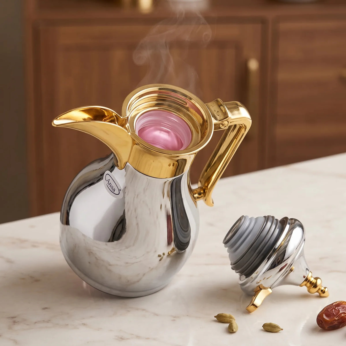 Ansa Traditional Arabic Stainless Steel Vacuum Flask – 0.35 or 0.6 Liters | Pink Glass Interior | Leak Proof Tea and Coffee Server - Silver - Gold / 0.35 Liters - Image 3