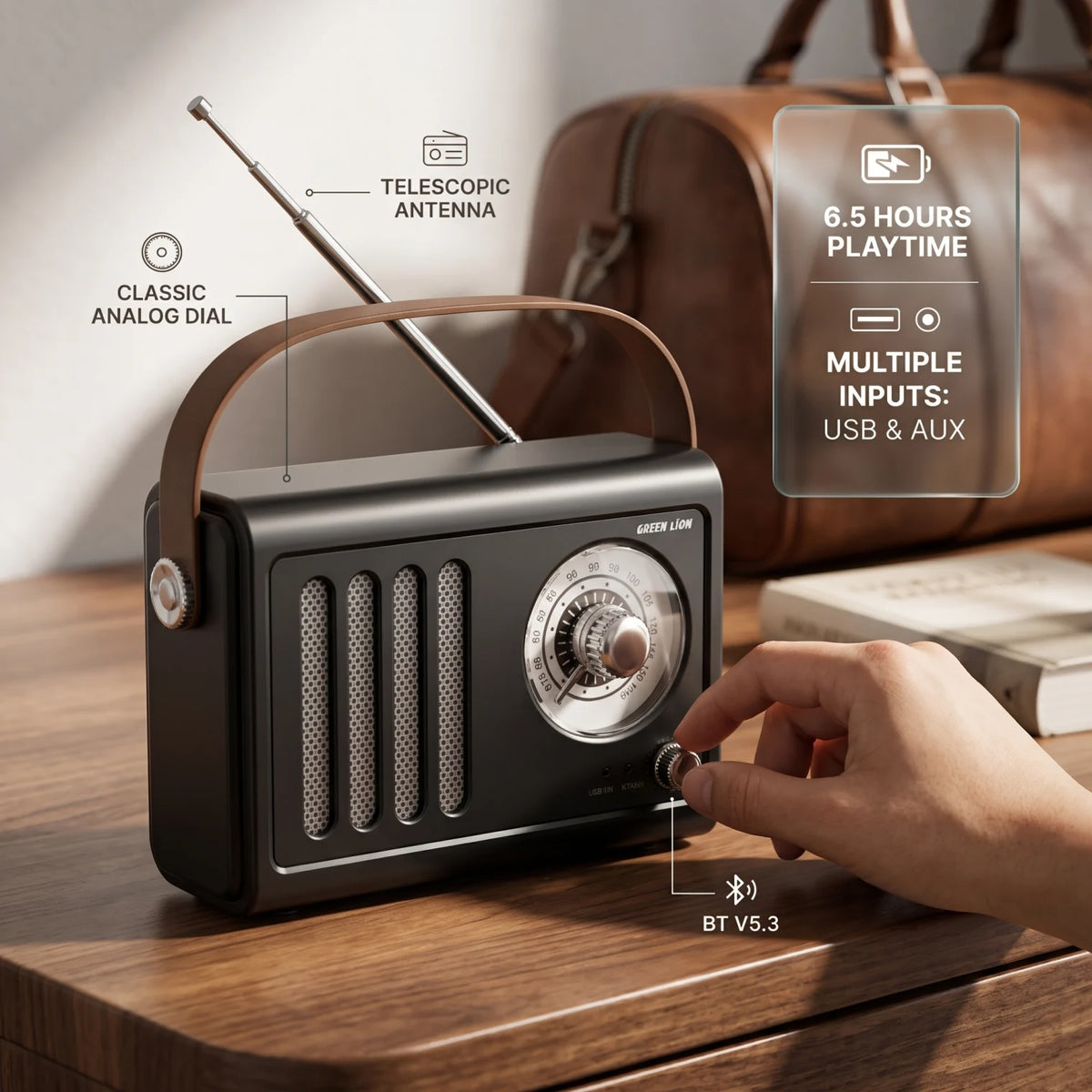 GREEN LION Vintage Radio Speaker – Black Bluetooth FM Radio with Classic Analog Dial, Telescopic Antenna, USB and AUX Inputs, 6.5-Hour Playtime