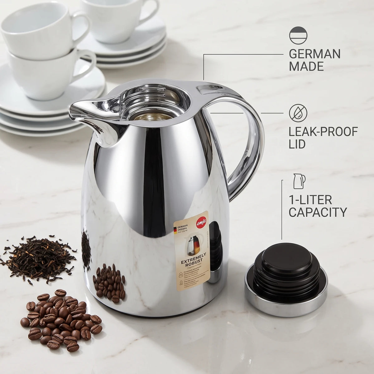 Emsa Auberge Chrome Flask 1 Liter – Premium Plastic, Leak Proof, 12-Hour Hot & 24-Hour Cold Thermal Carafe