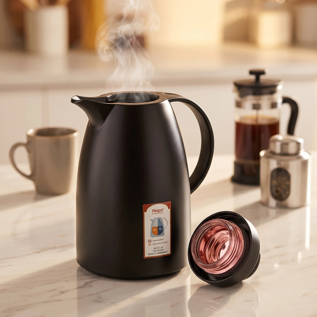 Regal Stainless Steel Vacuum Flask 1.5 Liters – Leak Proof | 12 Hours Hot, 24 Hours Cold | Pink Glass Refill for Tea and Coffee - Matte Black - Image 3