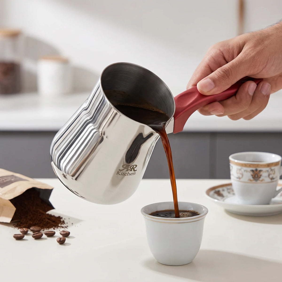 AR kitchen 450 ML Stainless Steel Coffee Pot – Reflective Ridged Body, Red Handle, Side Pouring Spout, Stovetop Pouring Pot