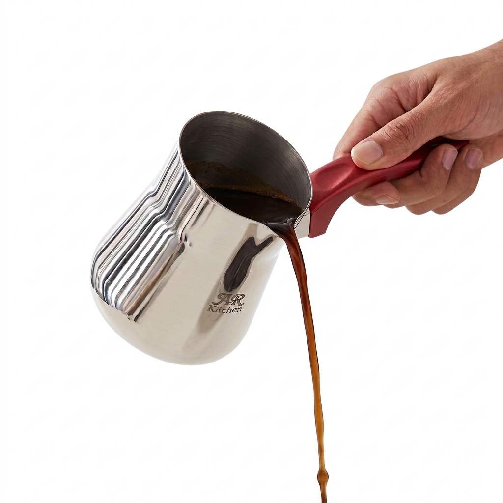 AR kitchen 450 ML Stainless Steel Coffee Pot – Reflective Ridged Body, Red Handle, Side Pouring Spout, Stovetop Pouring Pot