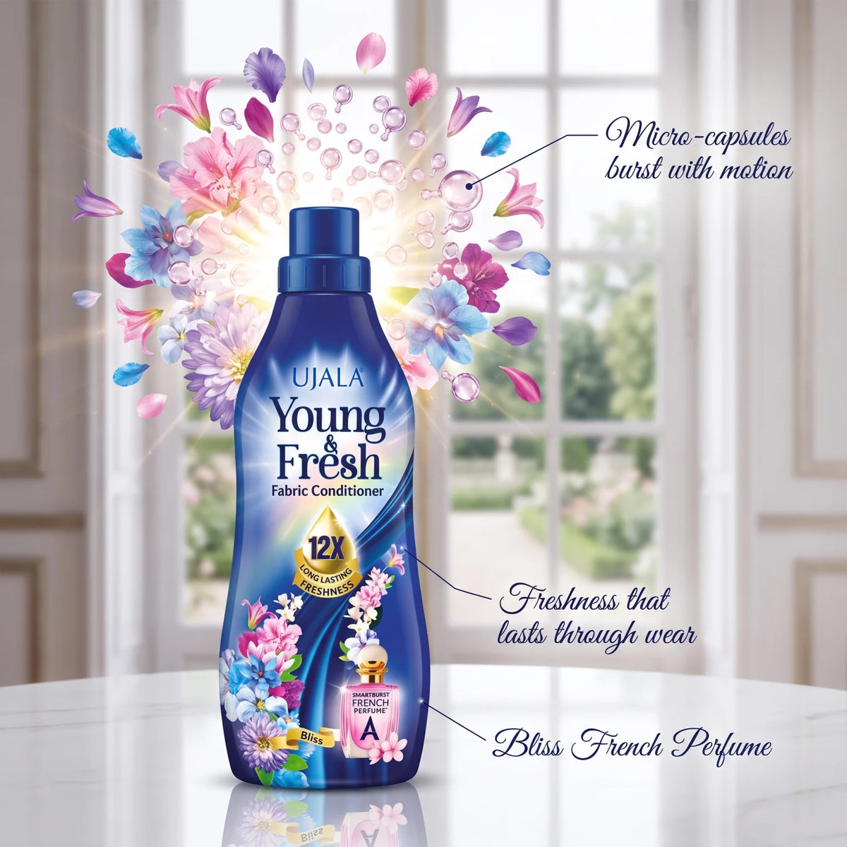 UJALA Young & Fresh Fabric Conditioner 900 ML – Bliss Smartburst French Perfume, Blue Bottle, 12X Long Lasting Freshness