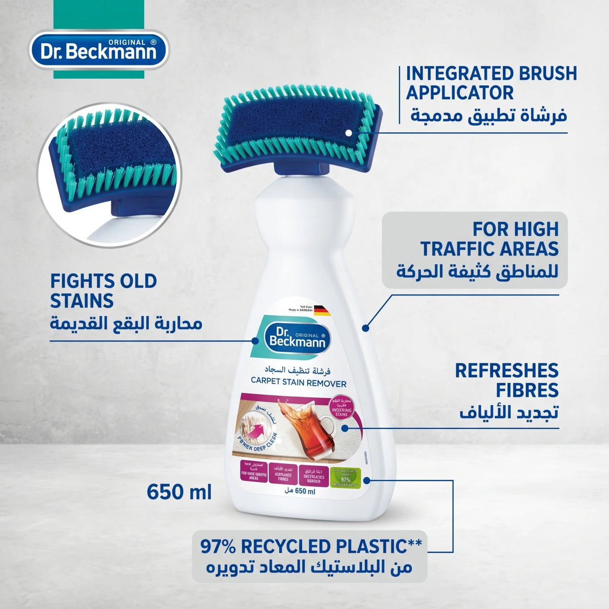 Dr. Beckmann Carpet Stain Remover 650 ml – Brush Applicator | Power Deep Clean for Old Stains, High-Traffic Areas & Odour Neutralising