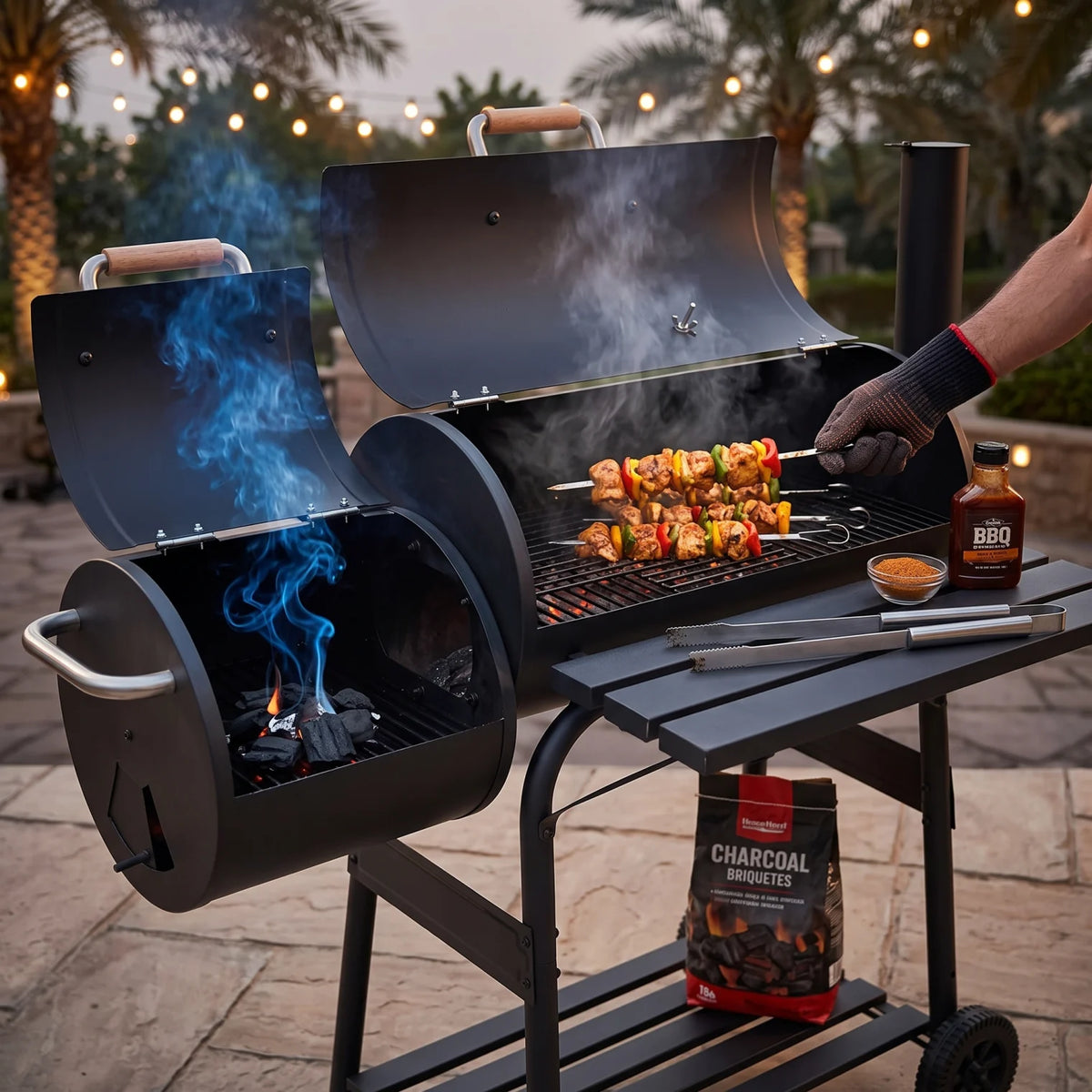 Black Charcoal Barrel BBQ Grill with Offset Smoker Side Box – 114 x 65 x 106 cm, Lid Thermometer, Handles, Wheels and Outdoor Cooking Design