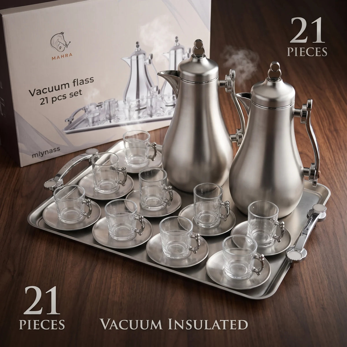 MAHRA 21 Pieces Tea Serving Set – Matte Stainless Steel Vacuum Flask with Glasses and Serving Tray
