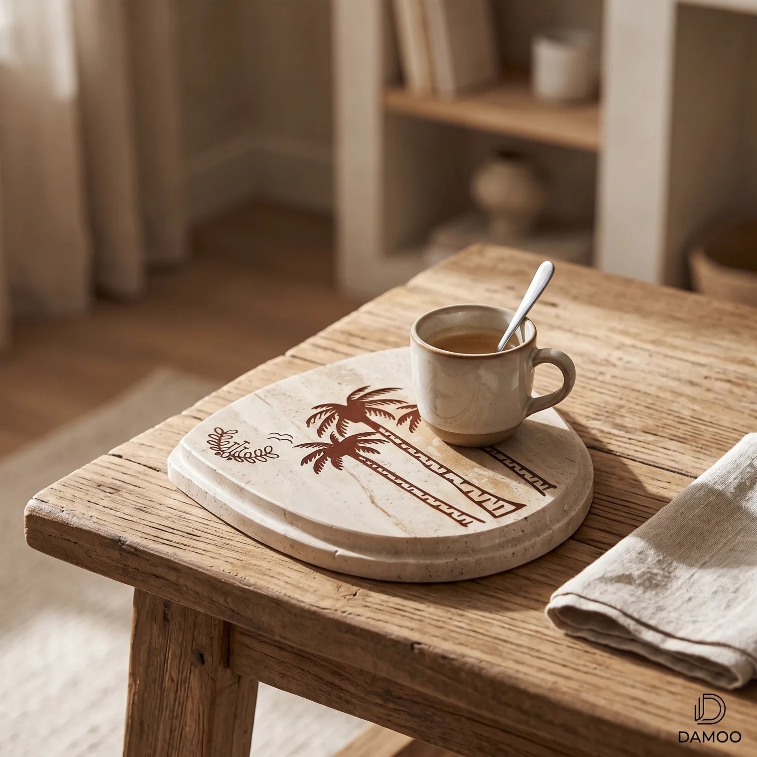Coffee Cup Shaped Travertine Marble Tray – 18 x 18 x 2 cm Decorative Serving Tray