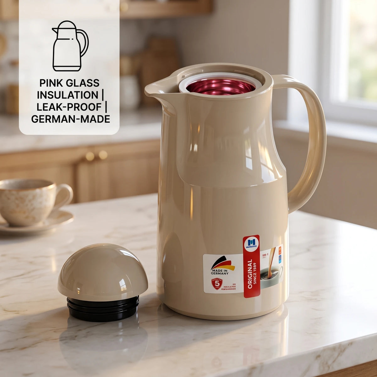 Markutec Vacuum Flask 1 Liter Beige – Leak-Proof Plastic Body for Tea and Coffee, Keeps Drinks Hot or Cold