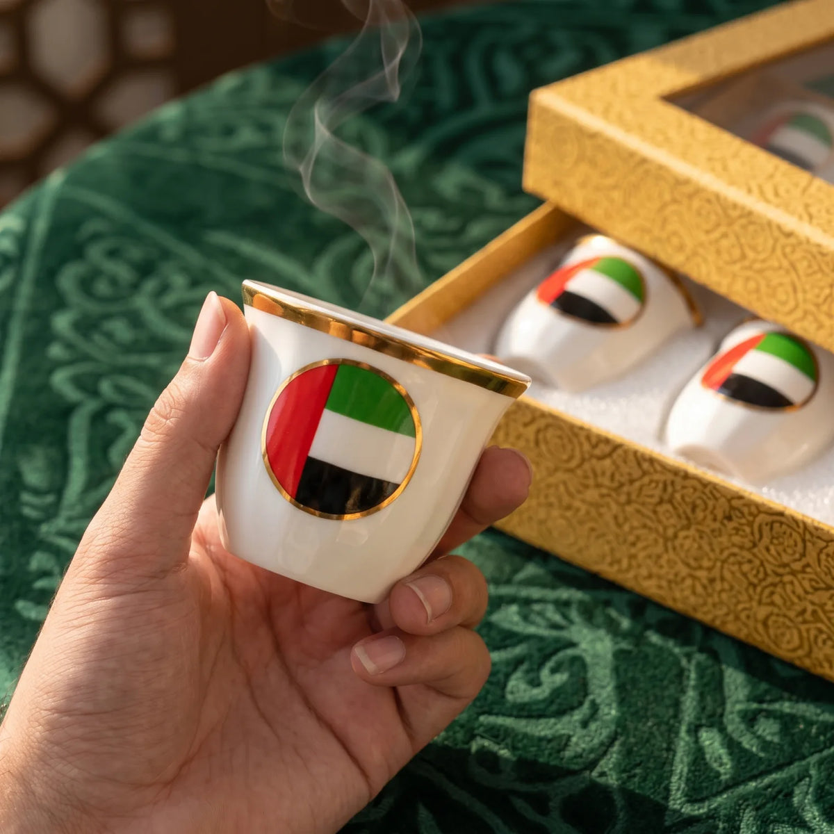 UAE Flag Fine Porcelain 12-Piece Large Arabic Coffee Cups Set – Handleless White Cups with Gold Trim and Presentation Box
