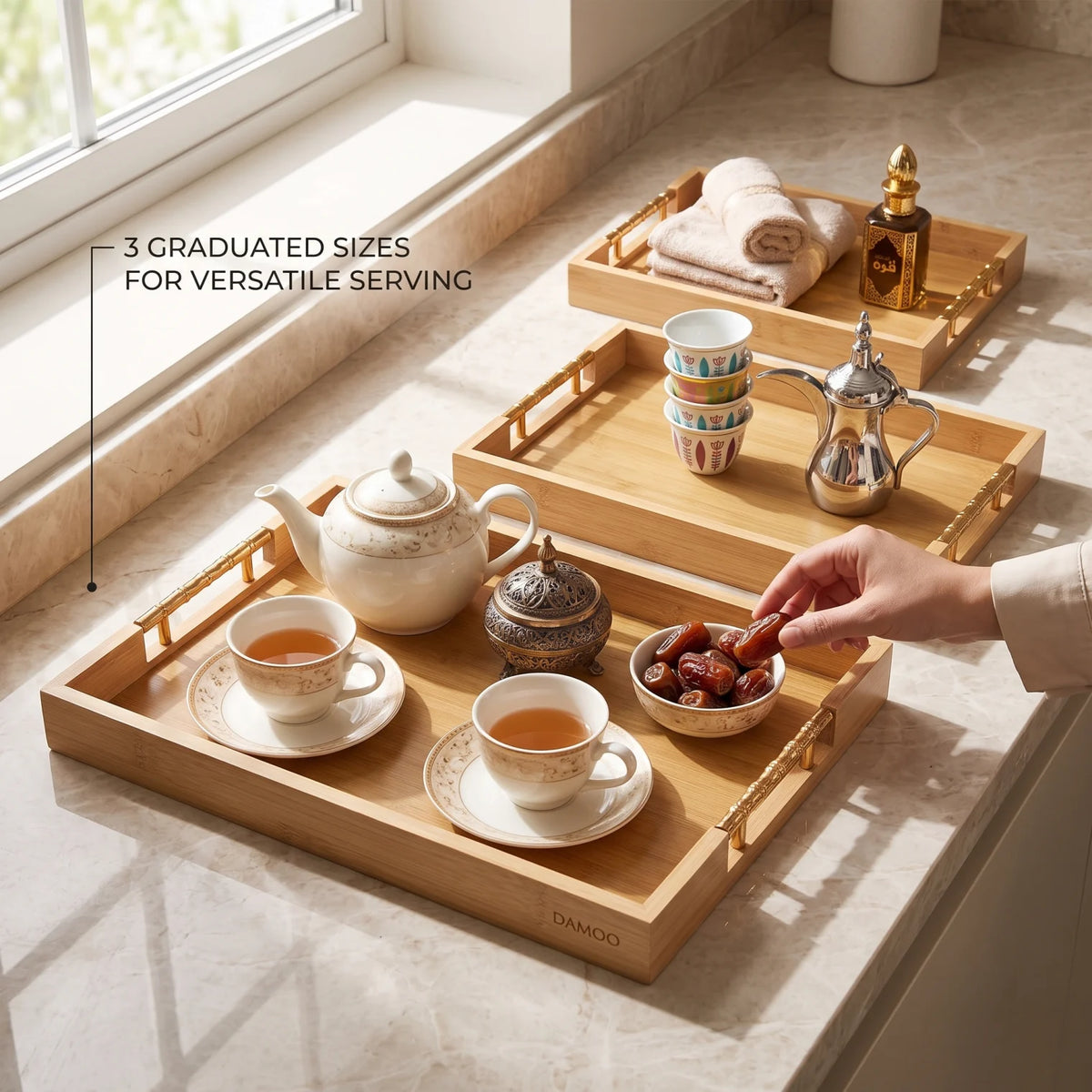 3-Piece Bamboo Serving Tray Set – Small, Medium & Large Rectangular Trays with Ornate Gold-Toned Handles | 26–46 cm Lengths for Home Serving
