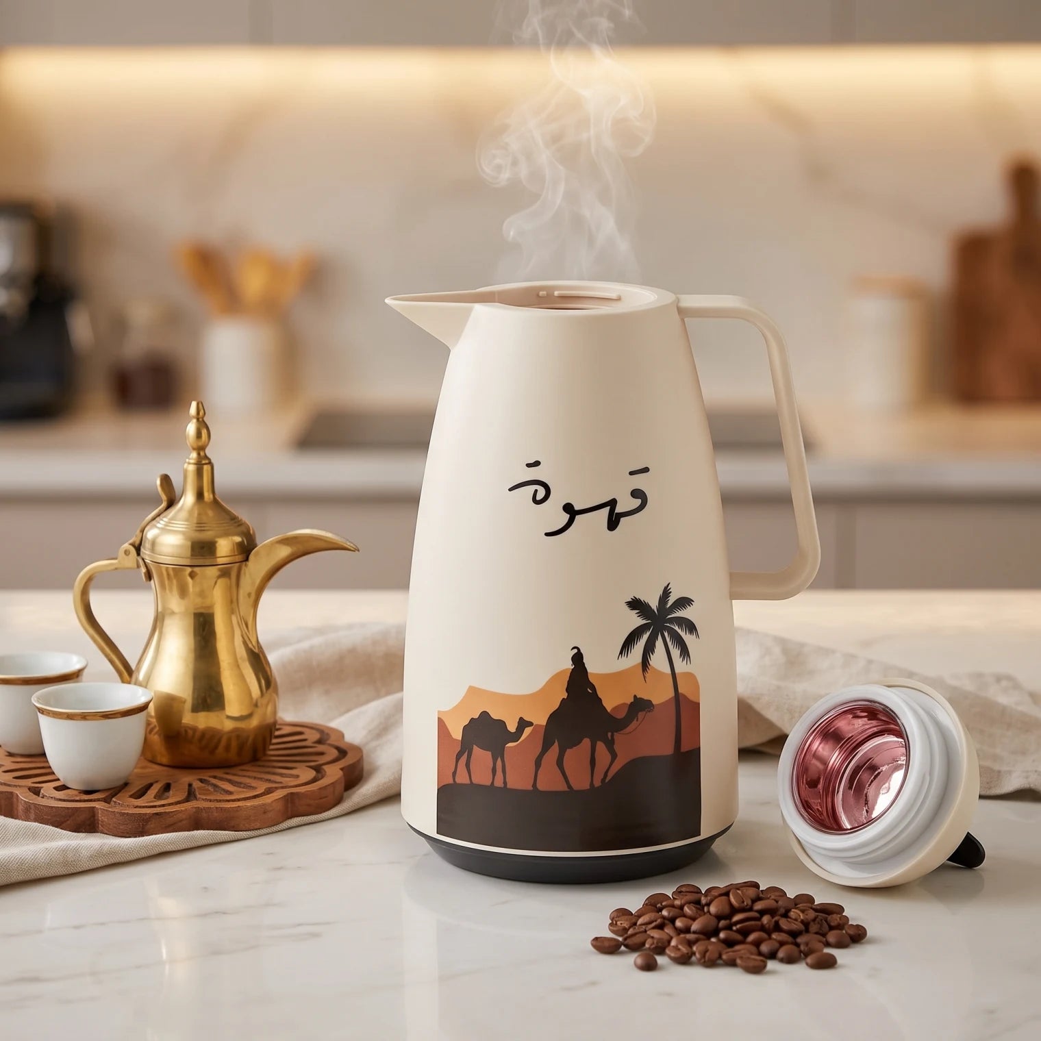 Crystal House cream - colored vaccum flask, 1 Liter | Qahwa Calligraphy, Desert Palm and Camel Artwork | Leak-Proof Tea and Coffee Flask
