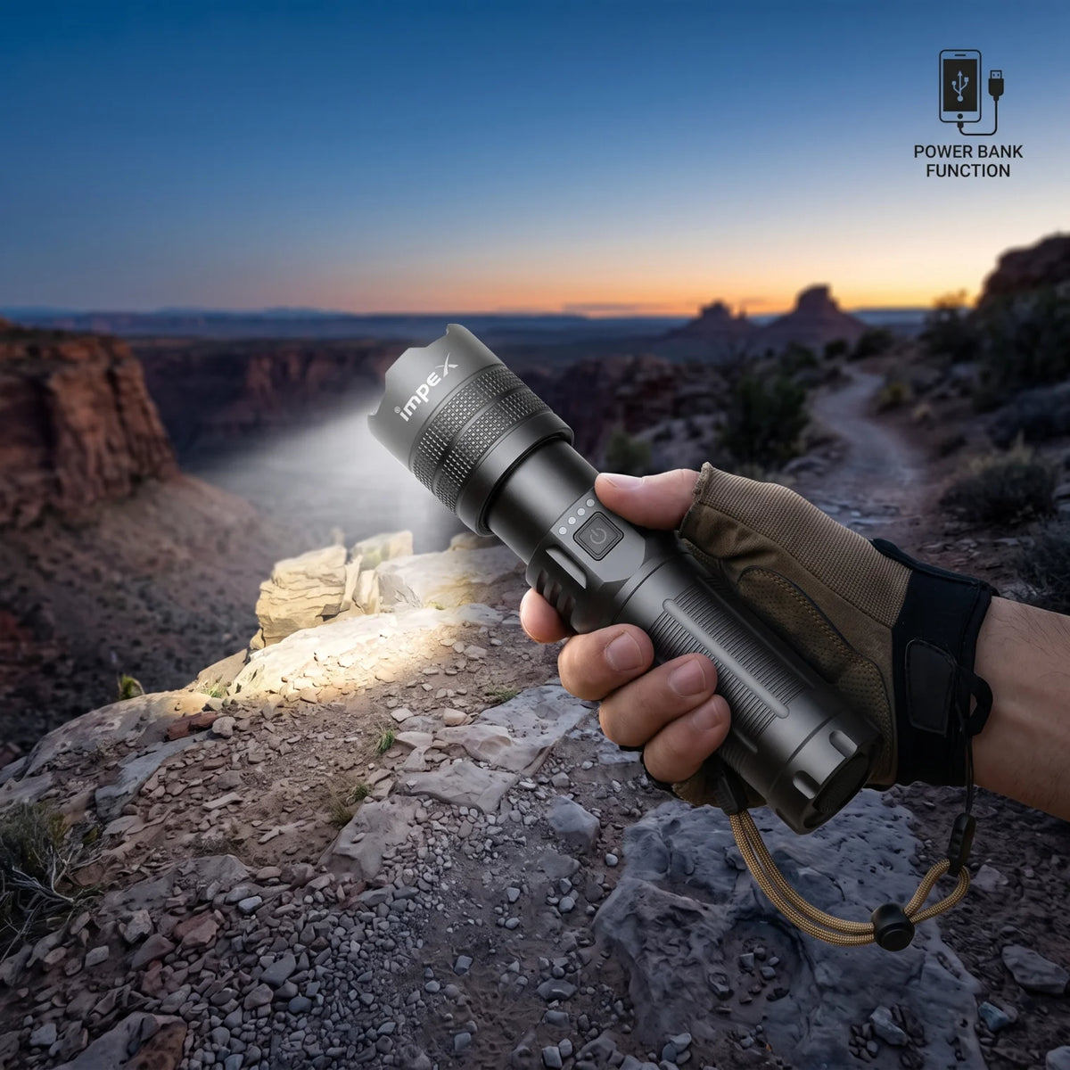 Impex Rechargeable LED Flash Light (HUNTER Z4) – Black and Gray Handheld Torch with Textured Grip, Wrist Lanyard and Control Buttons