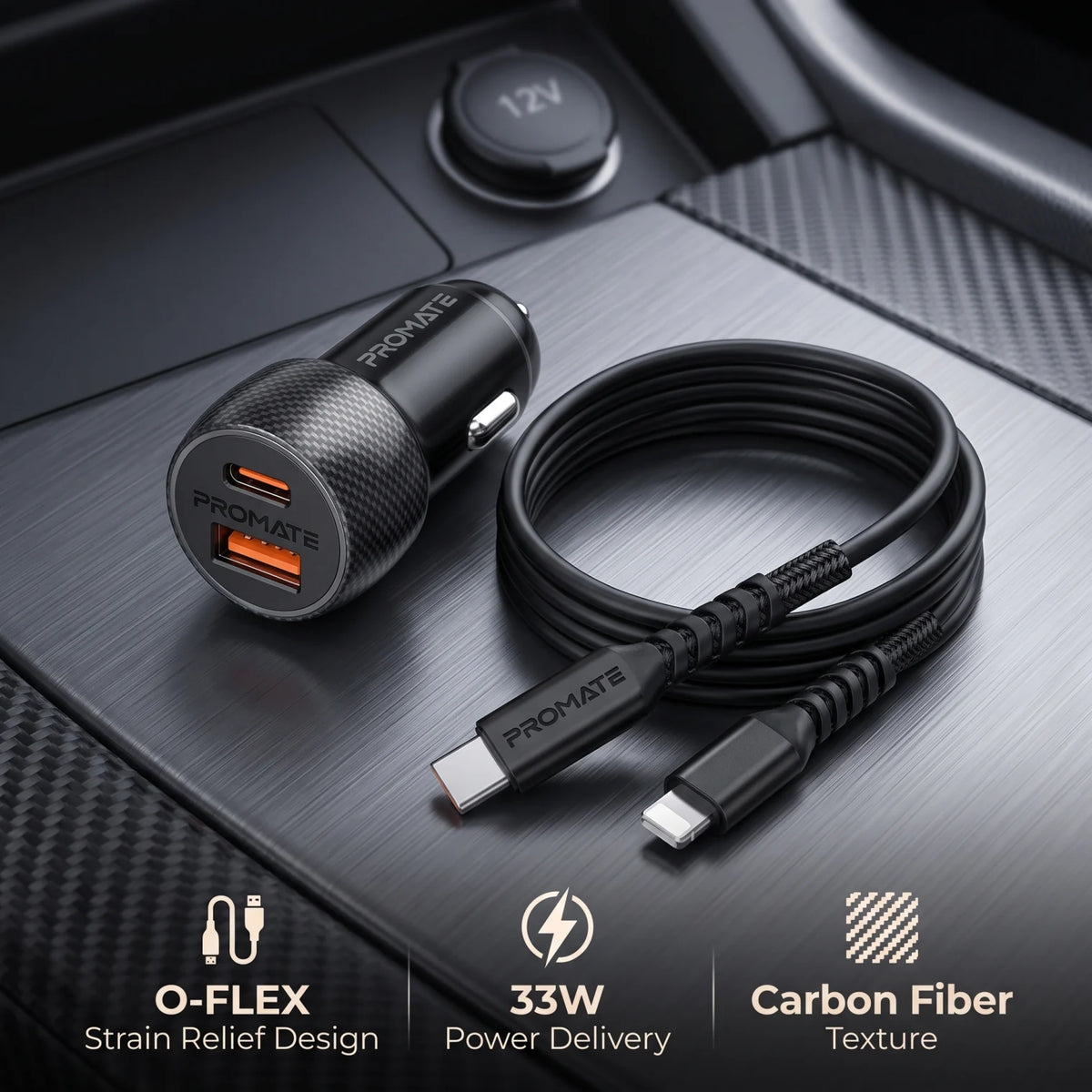 PROMATE 2in1 CarKit Dual-Port Car Charger with 100cm USB-C to Lightning Cable – 33W Power Delivery, O-FLEX Strain Relief, Black