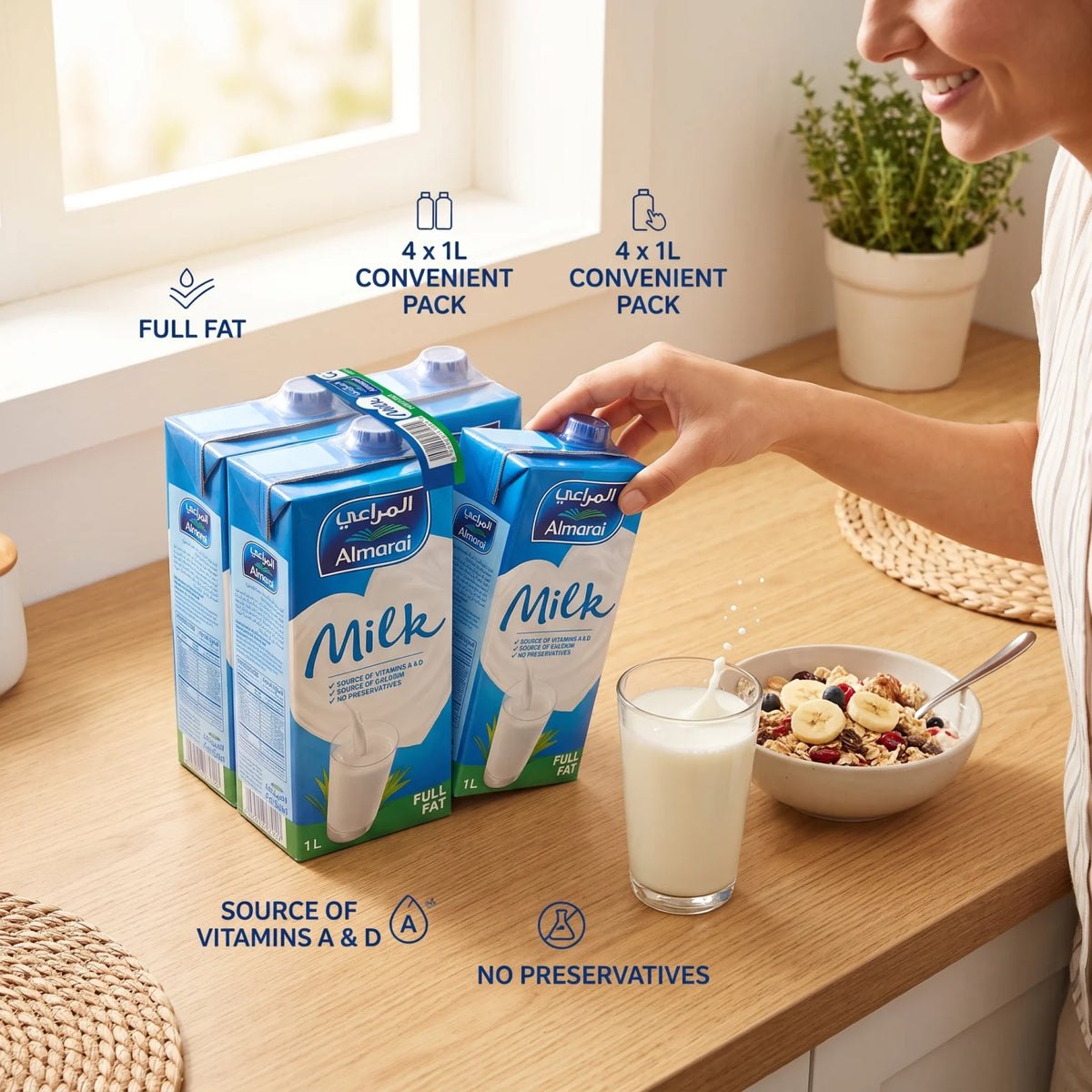 Almarai Full Fat Milk 4 x 1L Pack | Source of Vitamins A & D and Calcium | No Preservatives