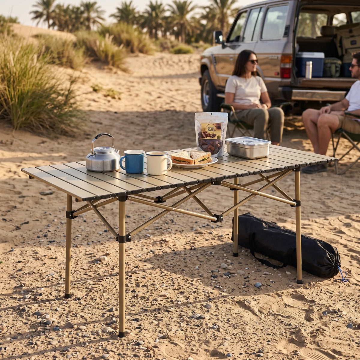 Portable Dark Beige Folding Roll-Up Camping Table – 120cm x 55cm x 50cm | Slatted Top, Metallic Frame for Picnics, BBQs & Outdoor Activities
