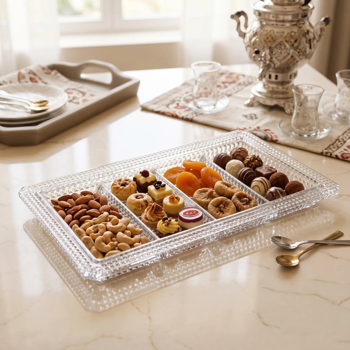 Premium 4-Section Rectangular Glass Serving Tray – 22 x 37 x 3 cm | Diamond-Cut Texture | Dessert, Dry Fruit and Snack Presentation