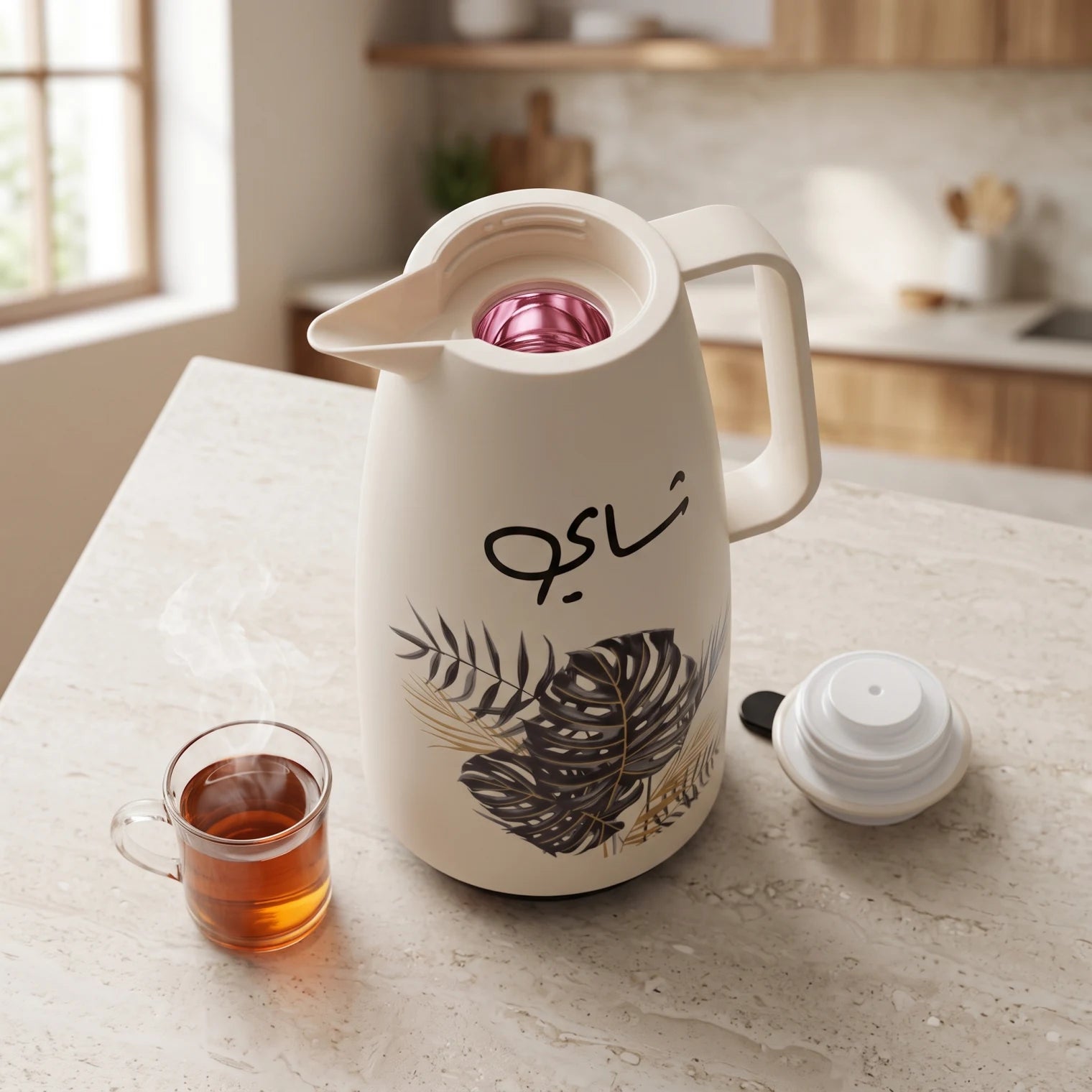 Crystal House vaccum flask – 1 Liter | Tropical Leaf Pattern | Arabic Chai Calligraphy | Leak Proof Tea and Coffee Flask