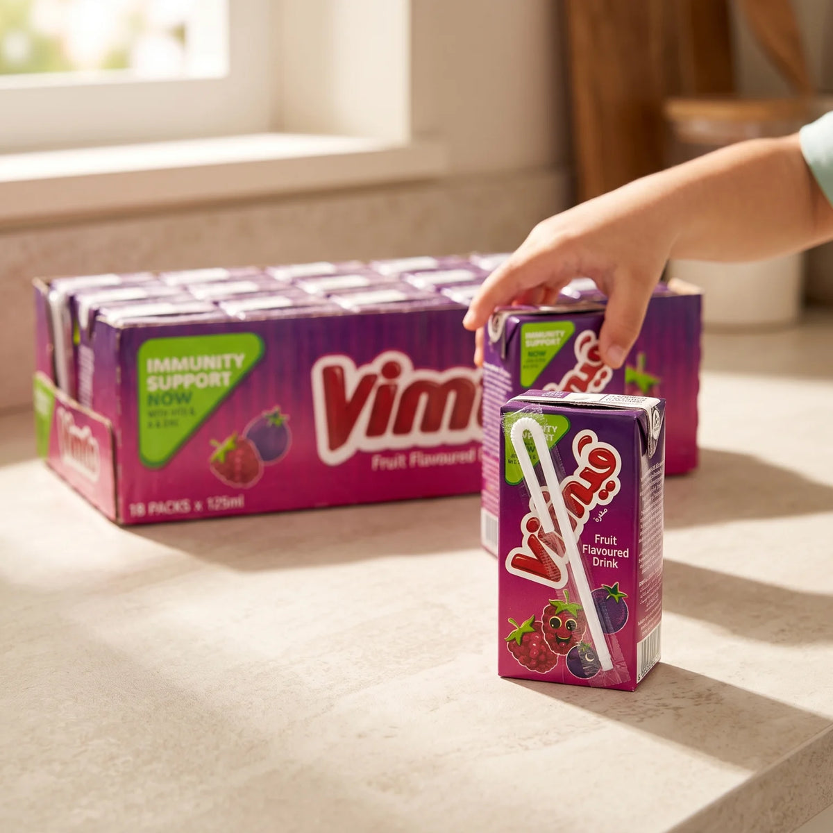 Vimto Fruit Flavoured Drink 18 x 125ml Pack | Purple Pack Drinks with Vitamins B, D & Zinc | Convenient Individual Fruit Drink Packs