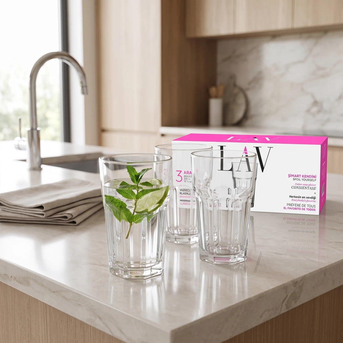 LAV 3 Pieces Glass Set – 300 CC Clear Tumblers, 120 mm Tall, Ribbed Design, Dishwasher Safe for Everyday Drinks