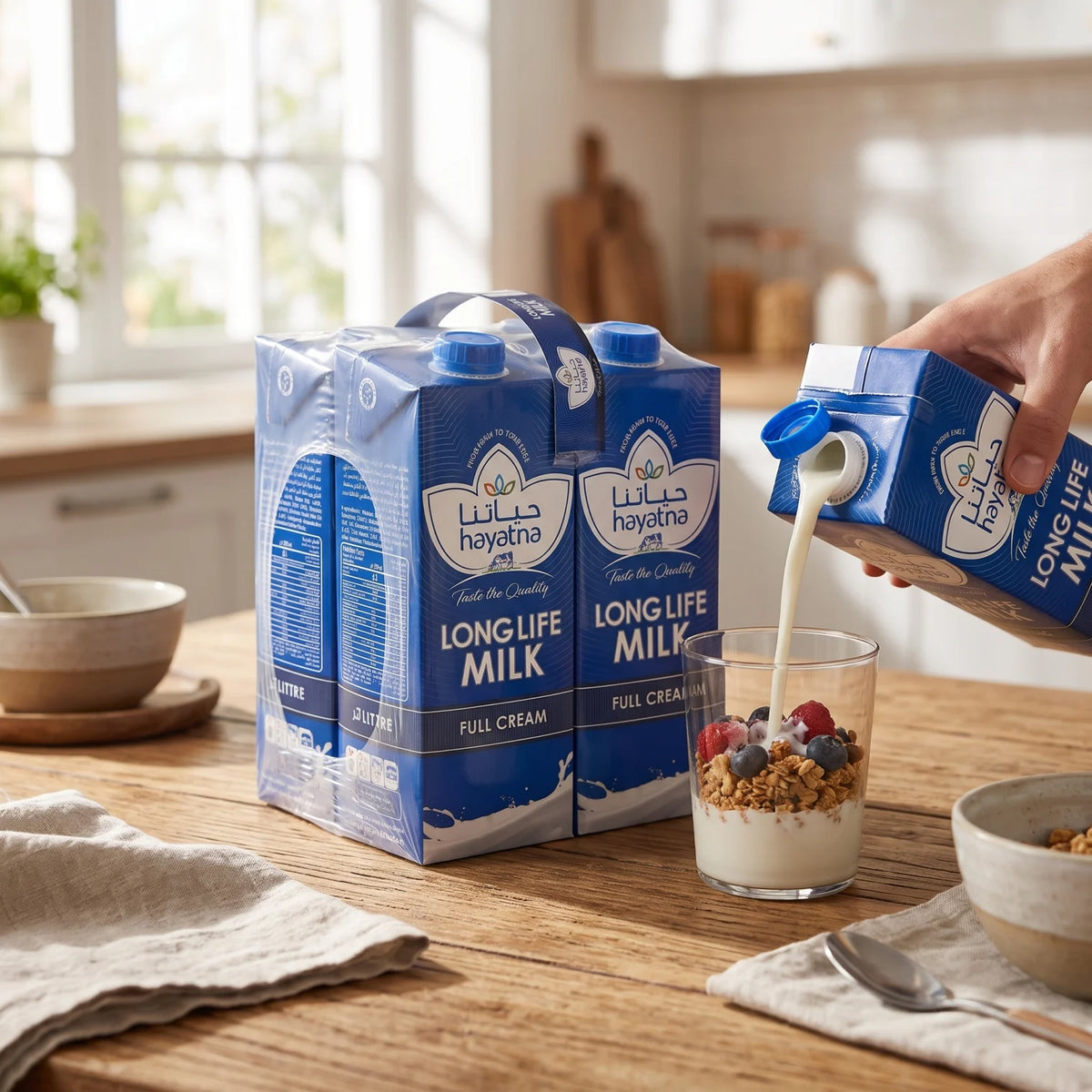 hayatna LONG LIFE MILK Full Cream – Package of 4 Pieces, Each 1 Liters | Resealable Screw Caps | Full-Cream Milk for Home Use
