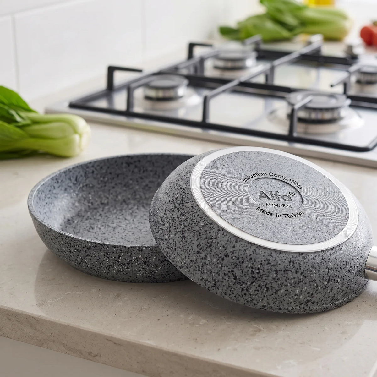 Alfa Swiss Stone Granite Cookware 22 cm Fry Pan – Gray Speckled Granite Surface | Induction-Compatible Gourmet Cooking Pan