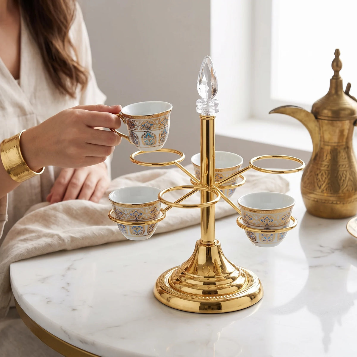 Ansa Steel Cawa Cup Holder – 6-Cup Arabic Coffee Stand | Freestanding Tabletop Rack with Decorative Base, 28 cm Height, 23 x 23 cm Footprint - Gold - Image 3