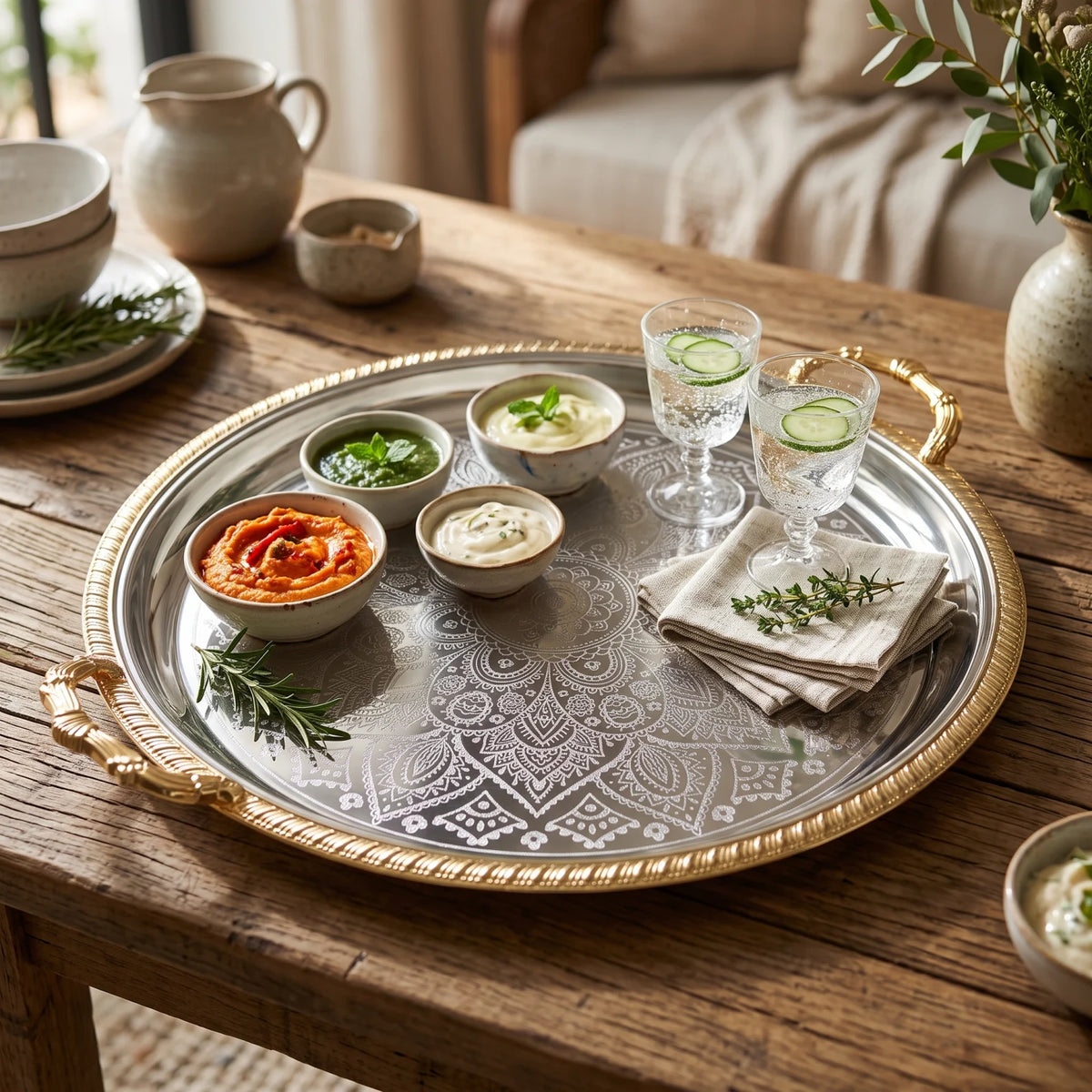 M.E.W Round Stainless Steel Serving Tray – Large & Extra Large | Mandala Floral Pattern | Decorative Handles | Silver, Gold & Silver - Gold - Silver - Gold / Large - Image 3