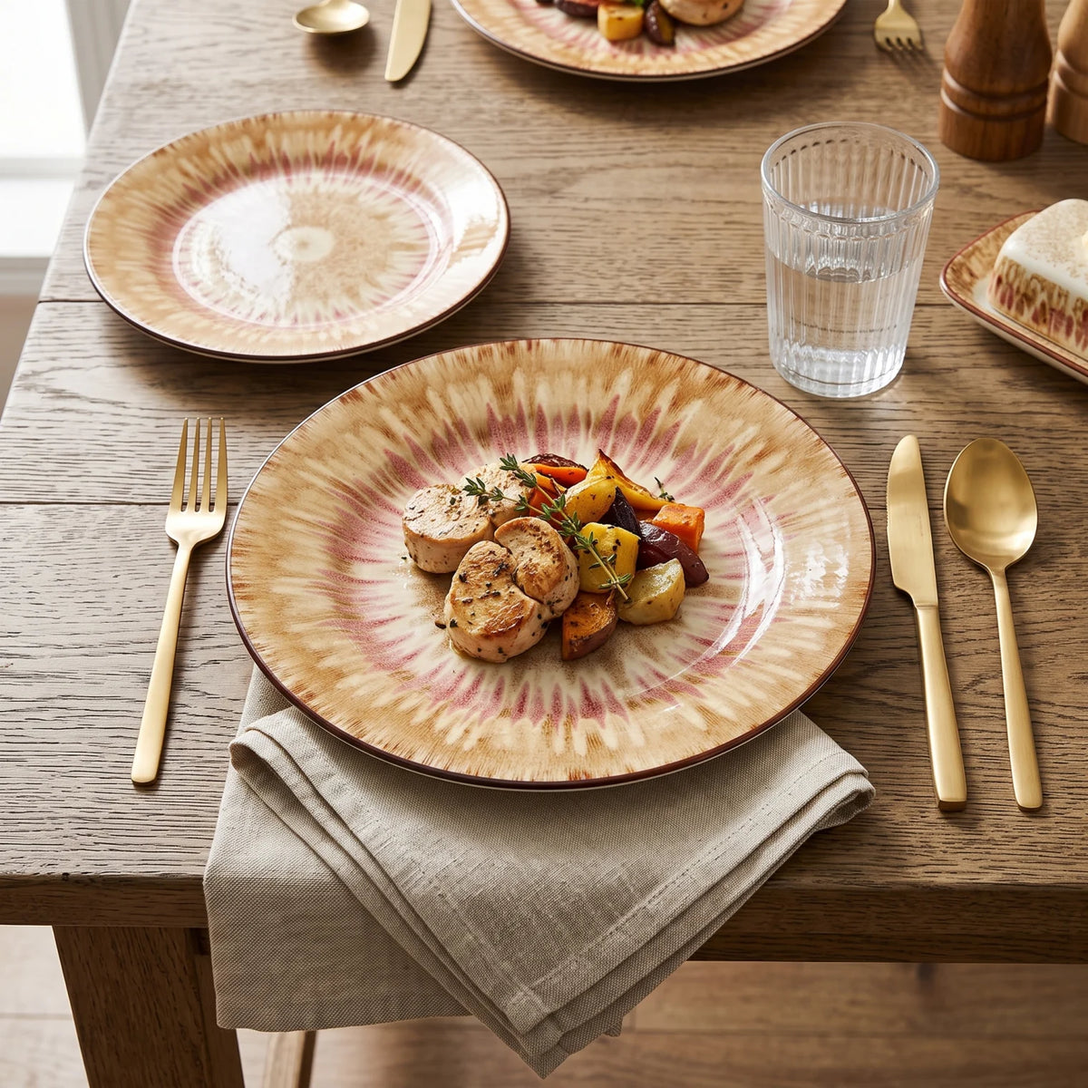 26 CM Porcelain Dinner Plate – Cream, Tan, Brown & Muted Red Sunburst Pattern, Glossy Finish and Dark Brown Rim for Dinner Table Settings