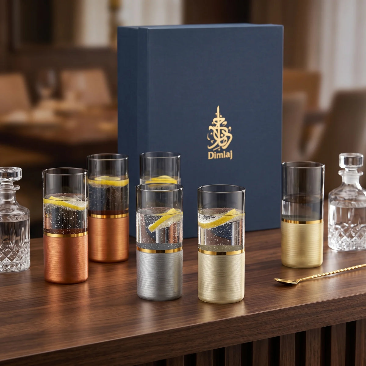 Dimlaj 6-Piece Glass Set – Textured Drinking Tumblers with Gold Bands in Mixed Metallic Tones, Presented in a Gift Box