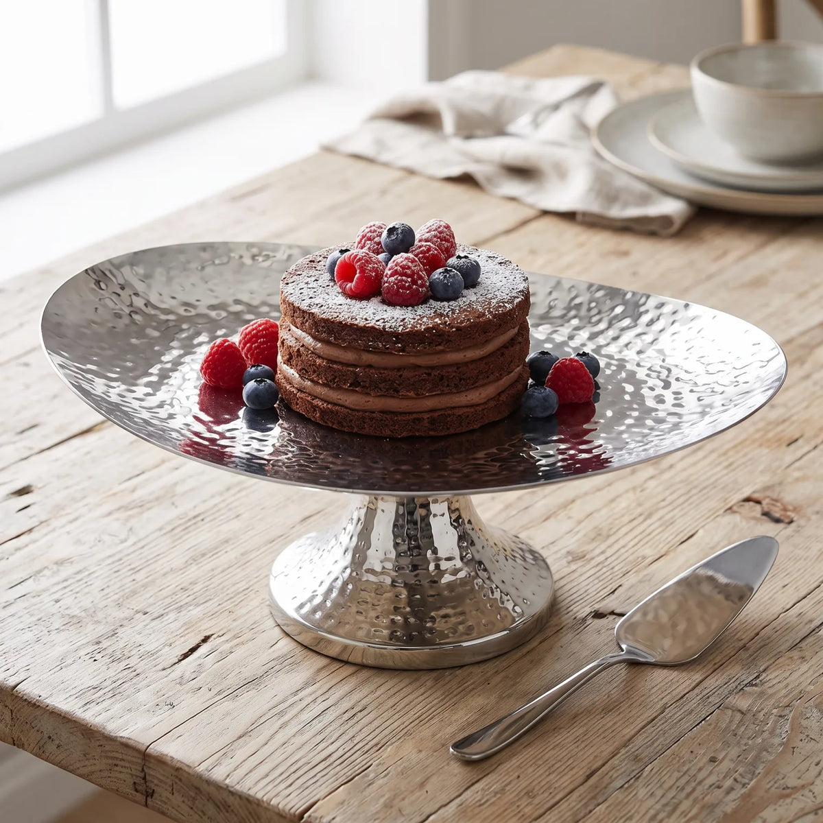 Stainless Steel Serving Plate 40 x 30 x 15 cm – Elevated Hammered Silver Platter for Cakes, Desserts and Table Serving