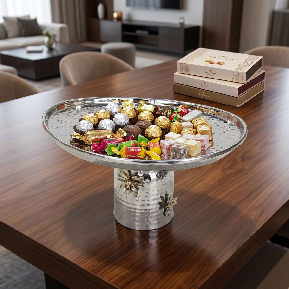 Silver Metal Oval Plate with Flower Detailed Base (Large) – Pedestal Tray for Sweets and Candies
