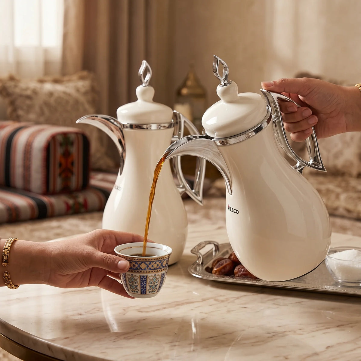 Pilsco 2-Piece Cream White & Silver Vacuum Flask Set – 1.0L + 1.0L | Arabic Design | Stainless Steel | Leak Proof
