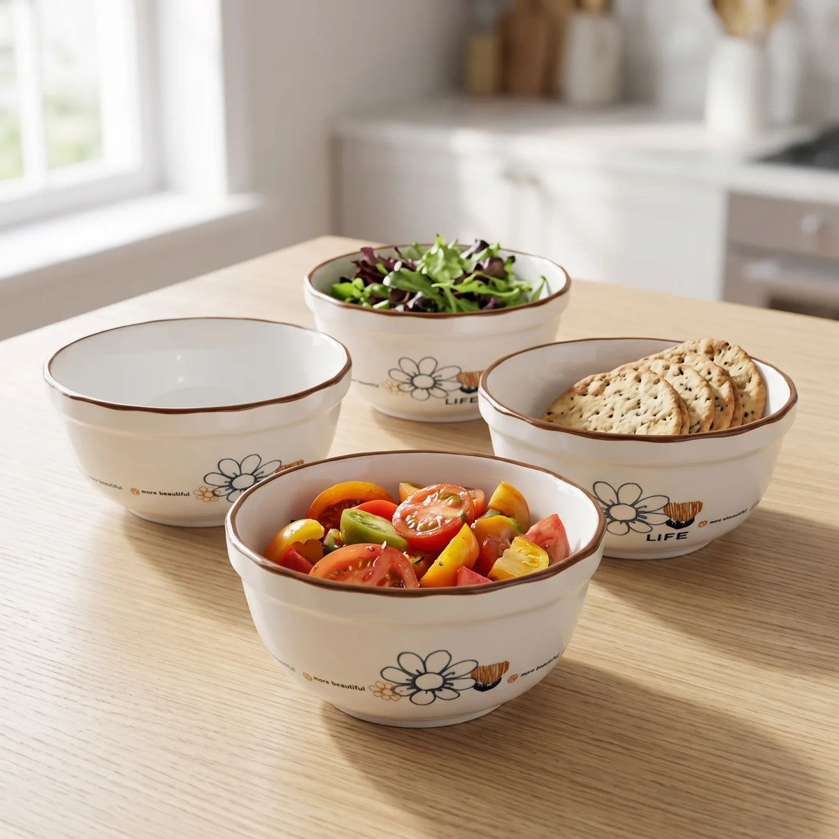 4-Pieces White Ceramic Bowls with Brown Painted Rim and Floral Daisy Motif – Set of 4 Shallow Round Tableware Bowls
