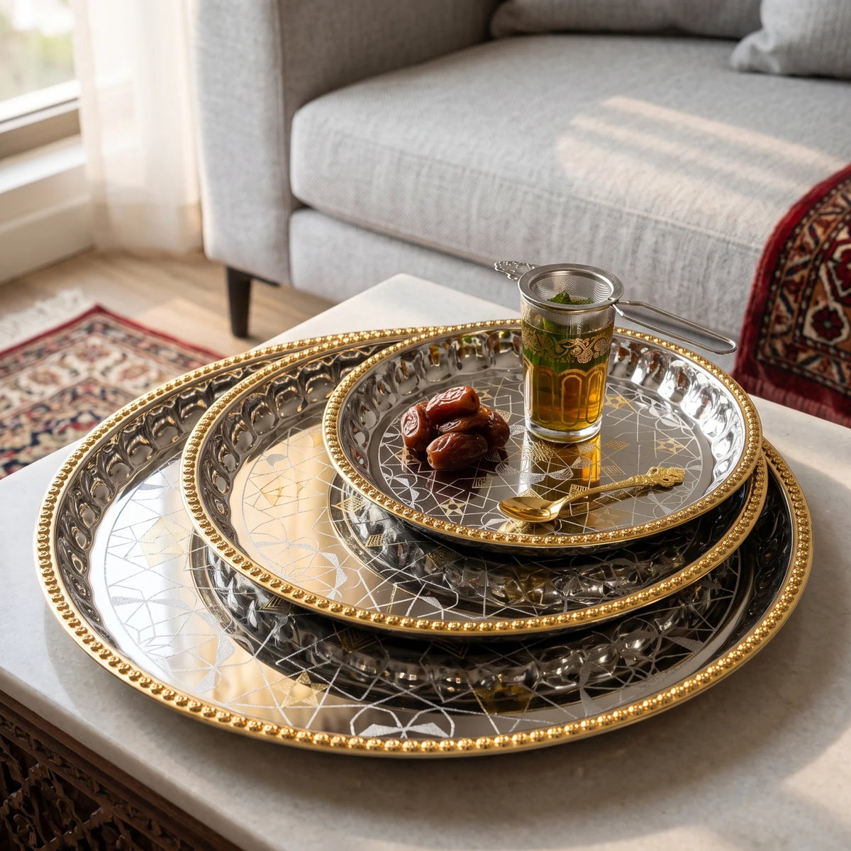 ARGTE Premium 3-Piece Round Serving Trays Set – Silver Mirror Patterns | Gold-Beaded Rim Accents | 25cm, 35cm & 45cm