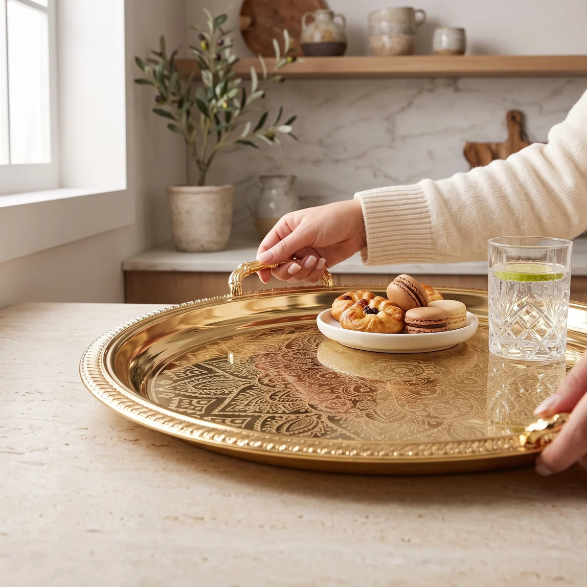 M.E.W Round Stainless Steel Serving Tray – Large & Extra Large | Mandala Floral Pattern | Decorative Handles | Silver, Gold & Silver - Gold - Gold / Extra Large - Image 3